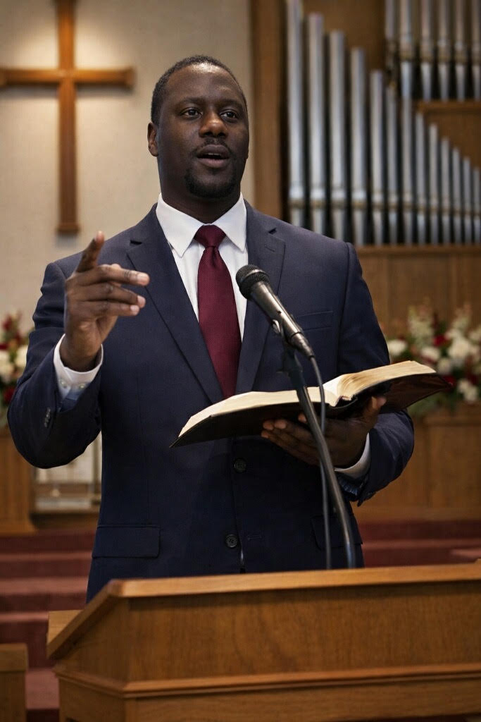 Kenneth speaking at a pulpit while holding an open Bible